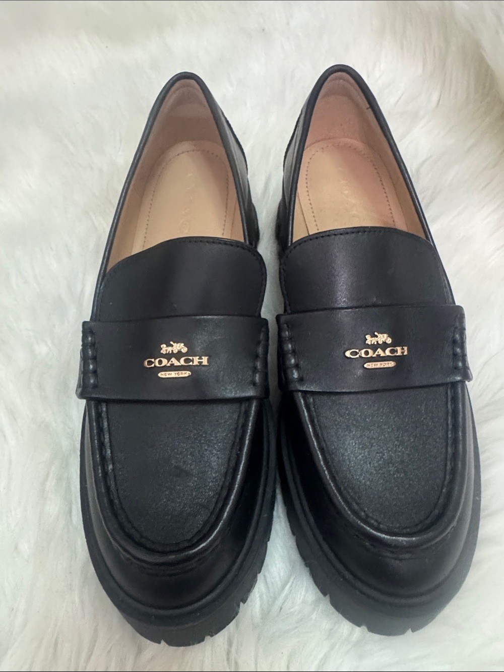 Coach Black Leather Loafers with Gold Accent